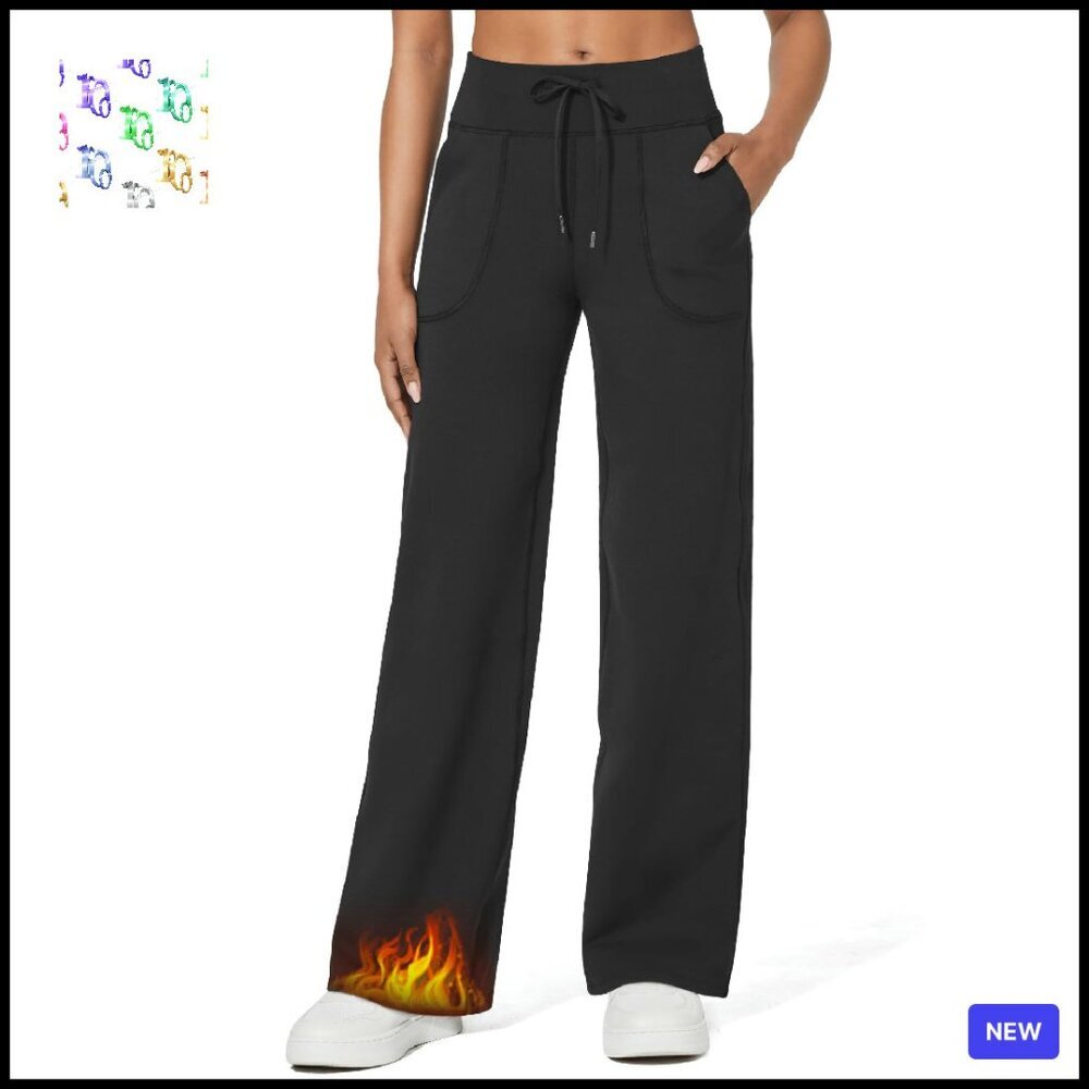Wide Leg Fleece Lined Pants Drawstring Waist Winter Work Office Casual